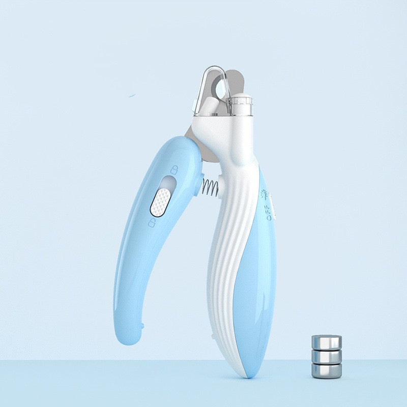 Blue and white LED Pet Nail Clipper on a light blue background