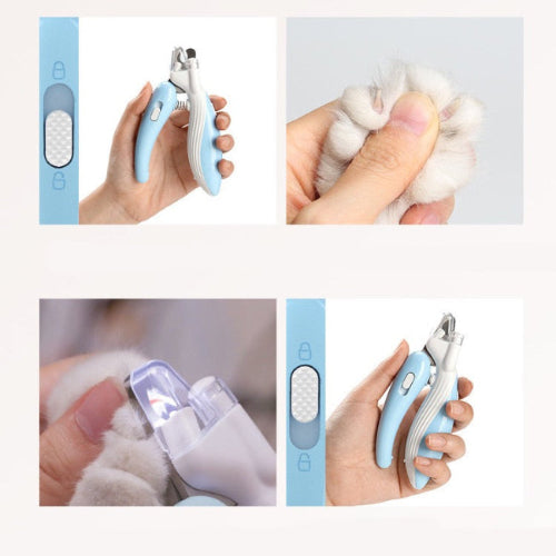 Pet nail clipper set with close-up shots of use on a white background
