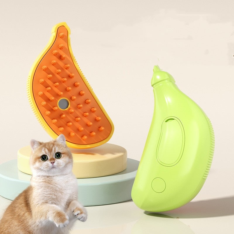 Cat with grooming tools including a brush and a green bottle on a light background