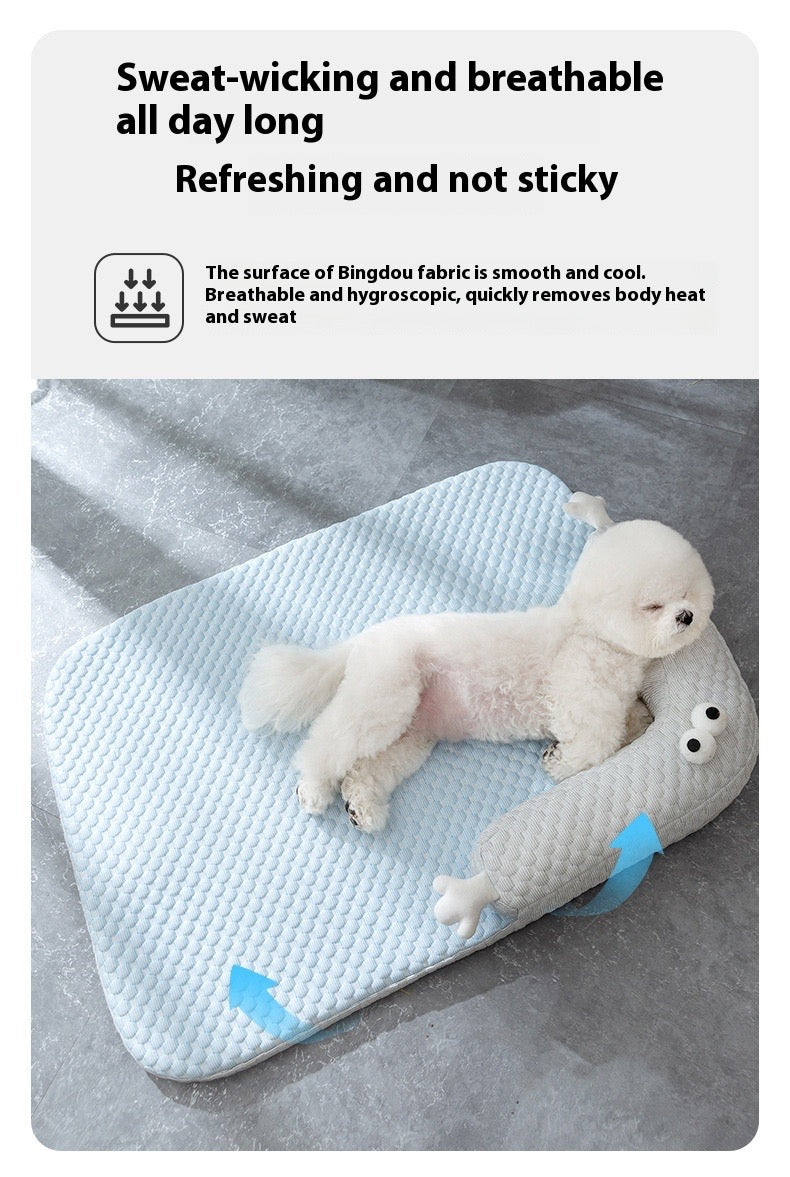 Dog lying on a blue and white waffle-textured mat with text about sweat-wicking and breathable fabric.