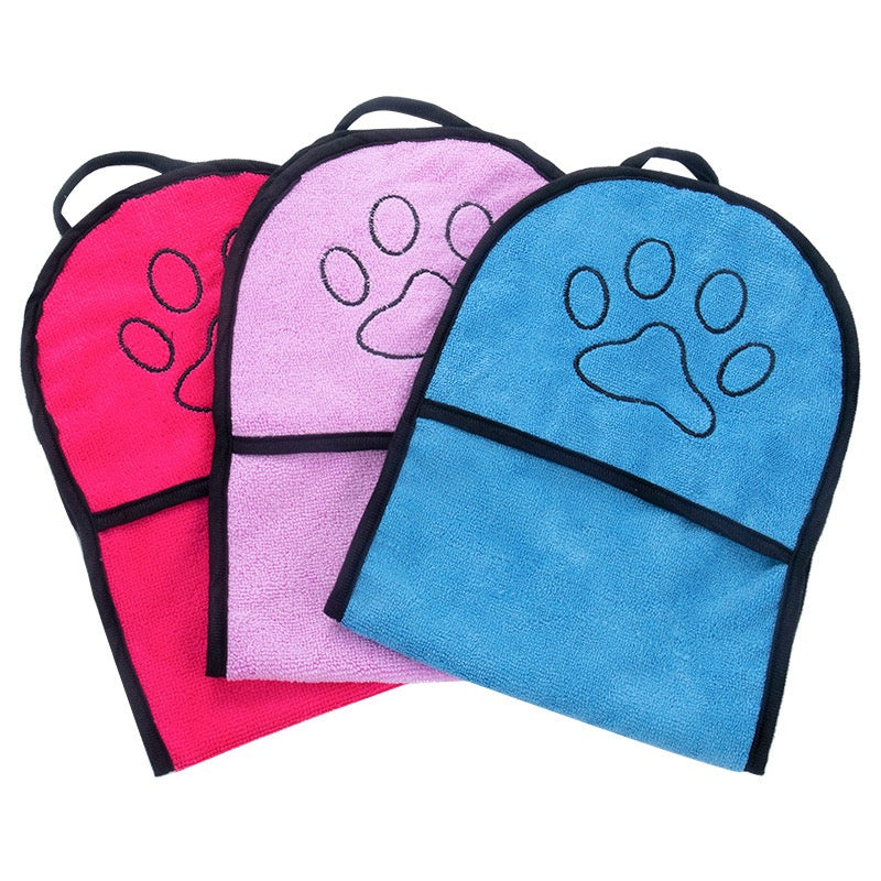 Three microfiber cleaning cloths in pink, purple, and blue with paw prints on a white background.