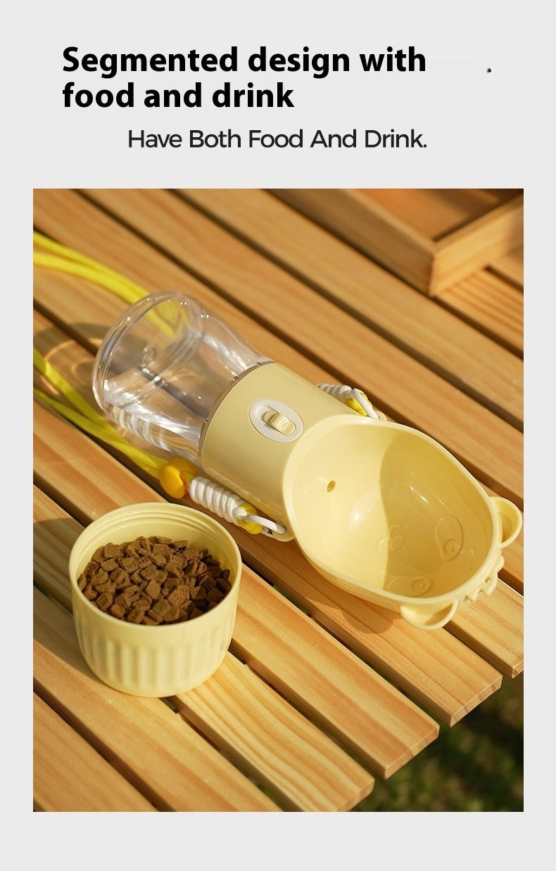 Pet food bowl and water bottle set on a wooden surface with text about segmented design.