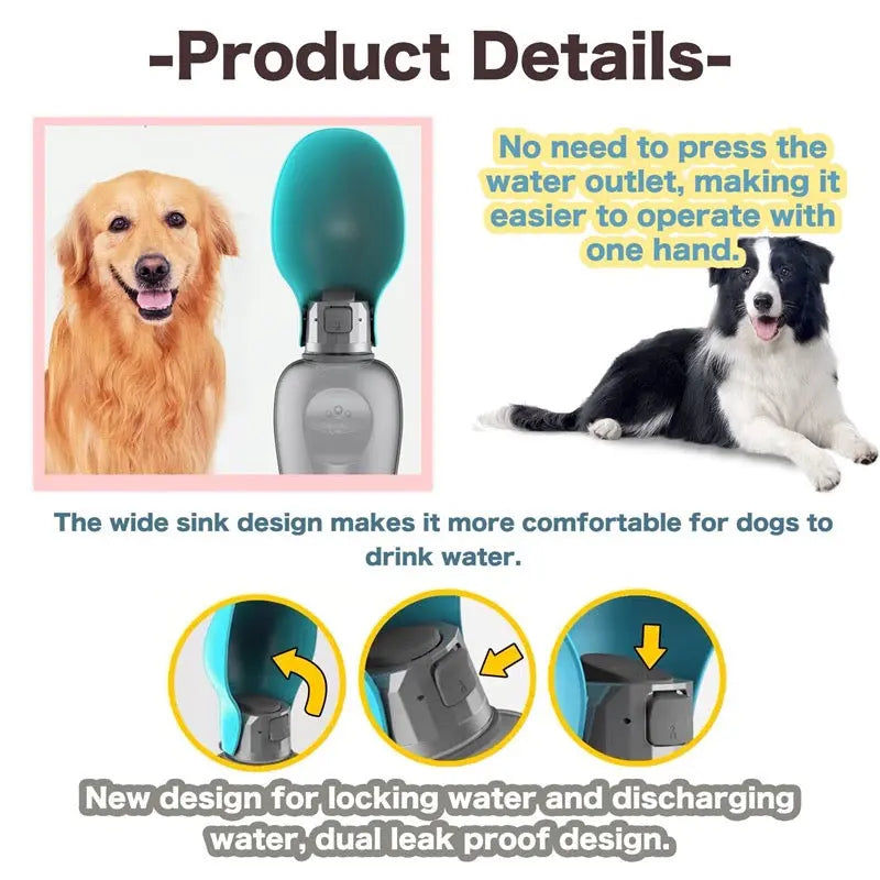 Dog water bottle with features highlighted on a white background