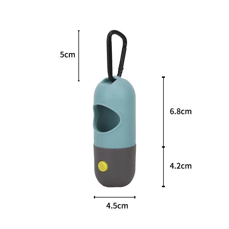 Blue and gray pet waste bag dispenser with measurements on a white background