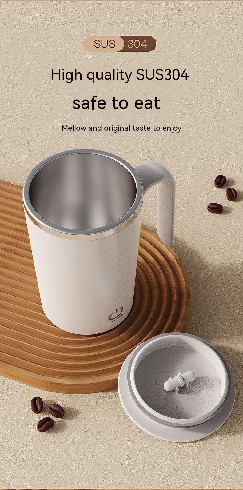 White mug with handle on a wooden coaster, surrounded by coffee beans, on a beige background.