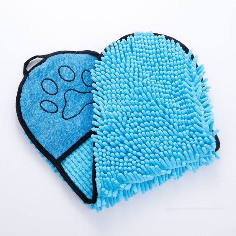 Blue microfiber pet towel with paw print design on a white background