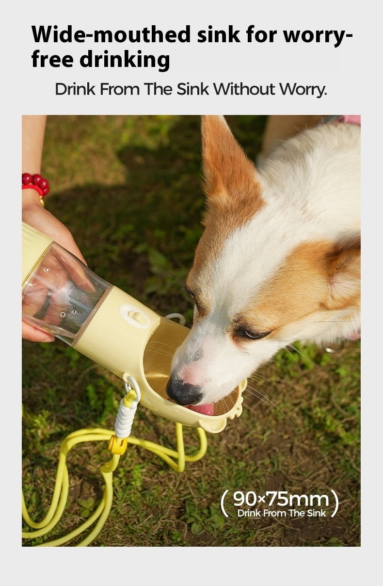 Dog drinking from a wide-mouthed sink designed for pet drinking, with text promoting its use.