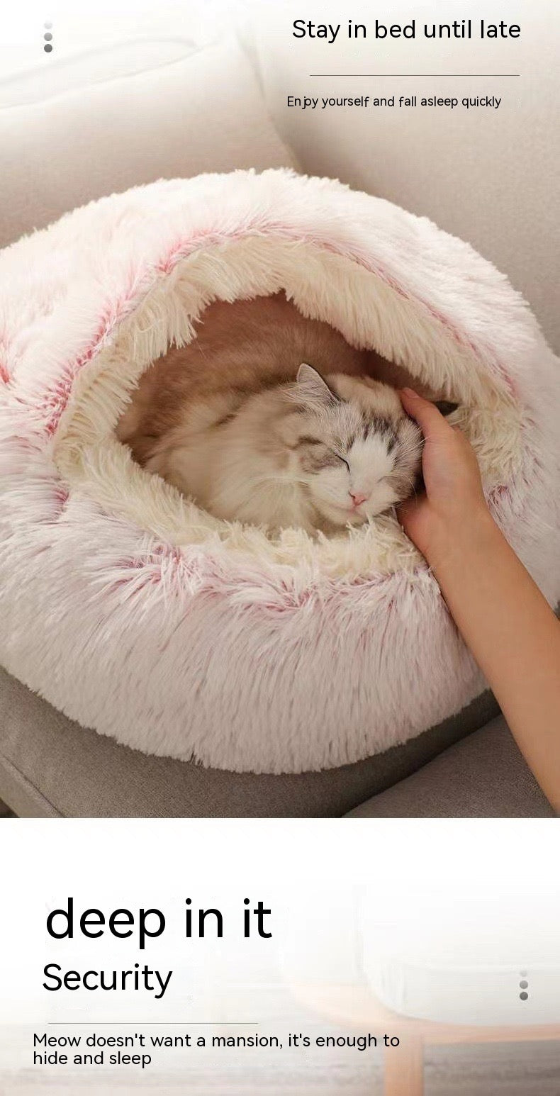 Cat lying in a fluffy pink pet bed with a person's hand, text encouraging to 'Stay in bed until late' and 'deep in it Security'.