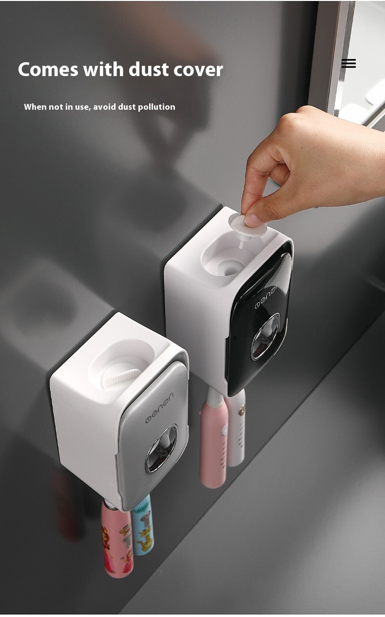 White toothbrush holder with dust cover on a gray surface