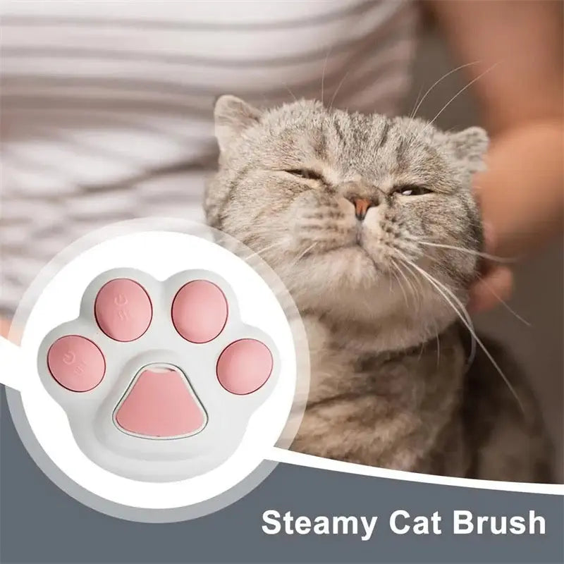 Cat being petted with a close-up of a steamy cat brush in the foreground