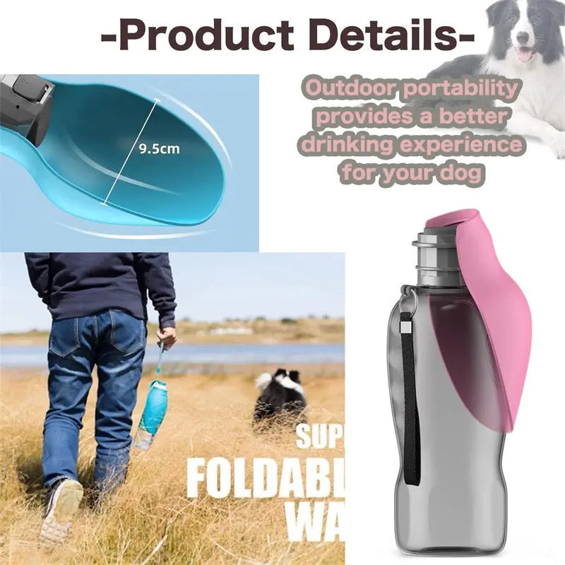 Foldable water bottle for dogs with person and dog outdoors, highlighting product details.