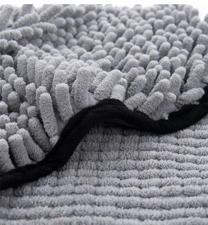 Gray textured pet towel with a black border