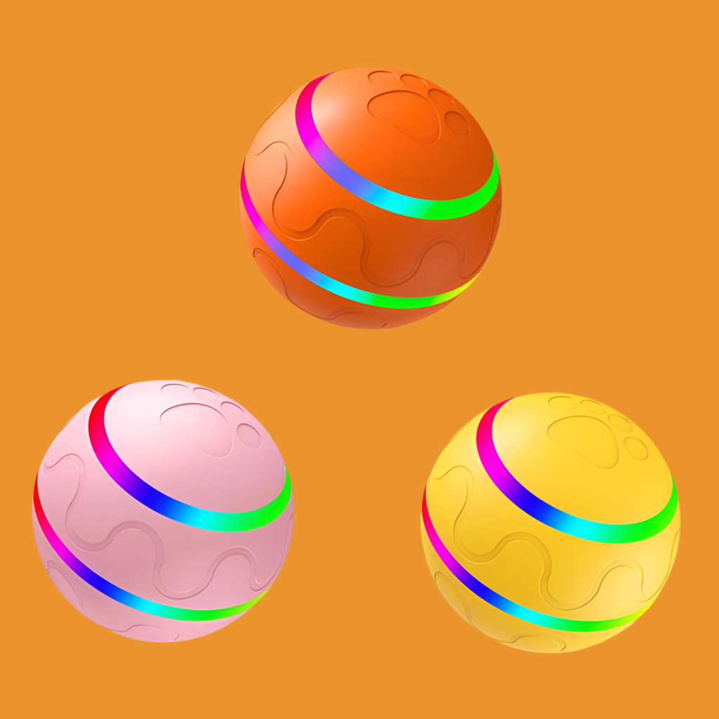 Three colorful balls with rainbow bands on an orange background
