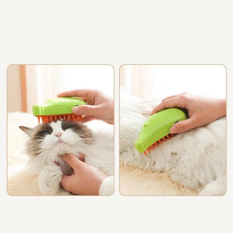 Two images showing a green pet grooming brush being used on a cat.