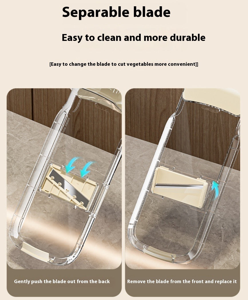 Separable blade system for a kitchen tool with text on durability and convenience.