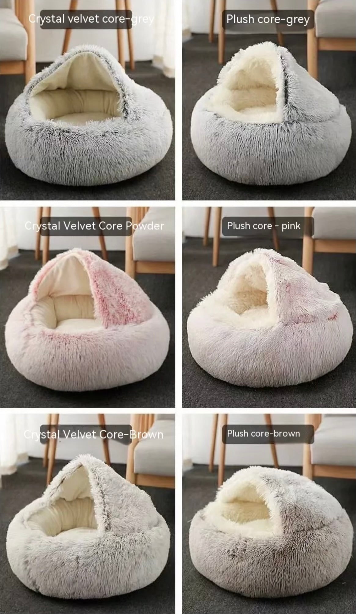 Collage of pet beds with different color cores on a neutral background