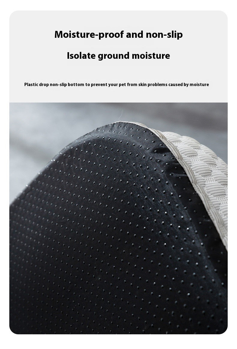 Text on moisture-proof and non-slip properties with a close-up of a textured surface.