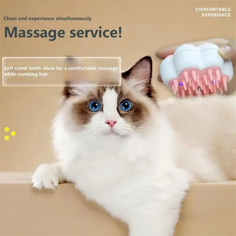 Cat being groomed with a pet grooming tool on a beige background