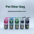 Five pet litter bags in different colors with a gray base on a light blue background.