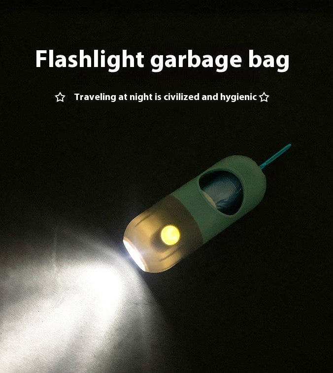 Flashlight garbage bag with a light shining on a dark background