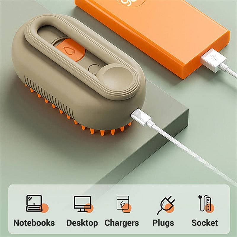 Small device with orange accents connected to a power source on a light green background