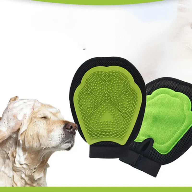 Green grooming glove with black accents next to a dog on a white background
