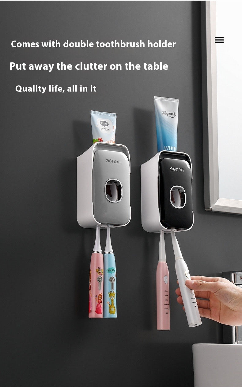 Wall-mounted toothbrush holder with toothbrushes and toothpaste on a dark wall.