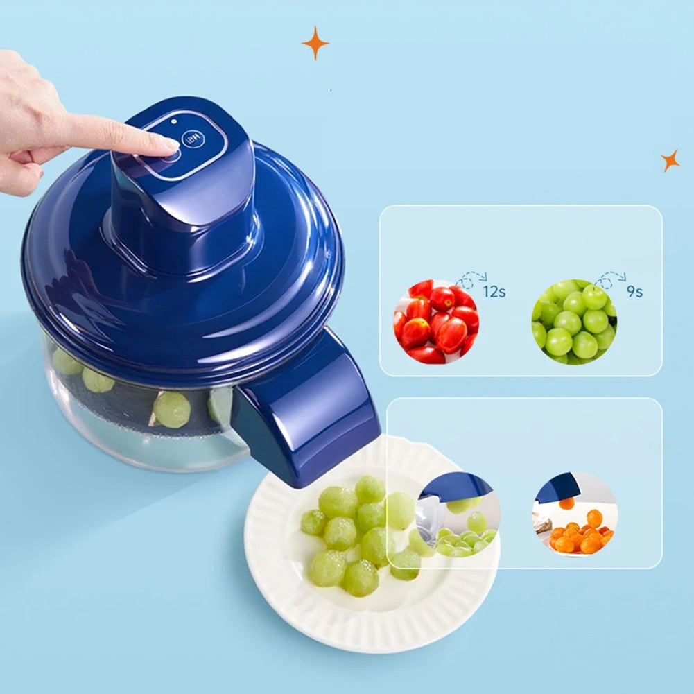 Blue food chopper with a hand pointing to it on a blue background