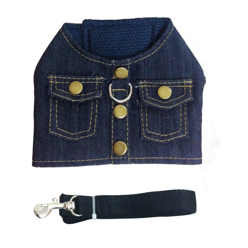 Denim dog coat with gold buttons and a matching leash on a white background