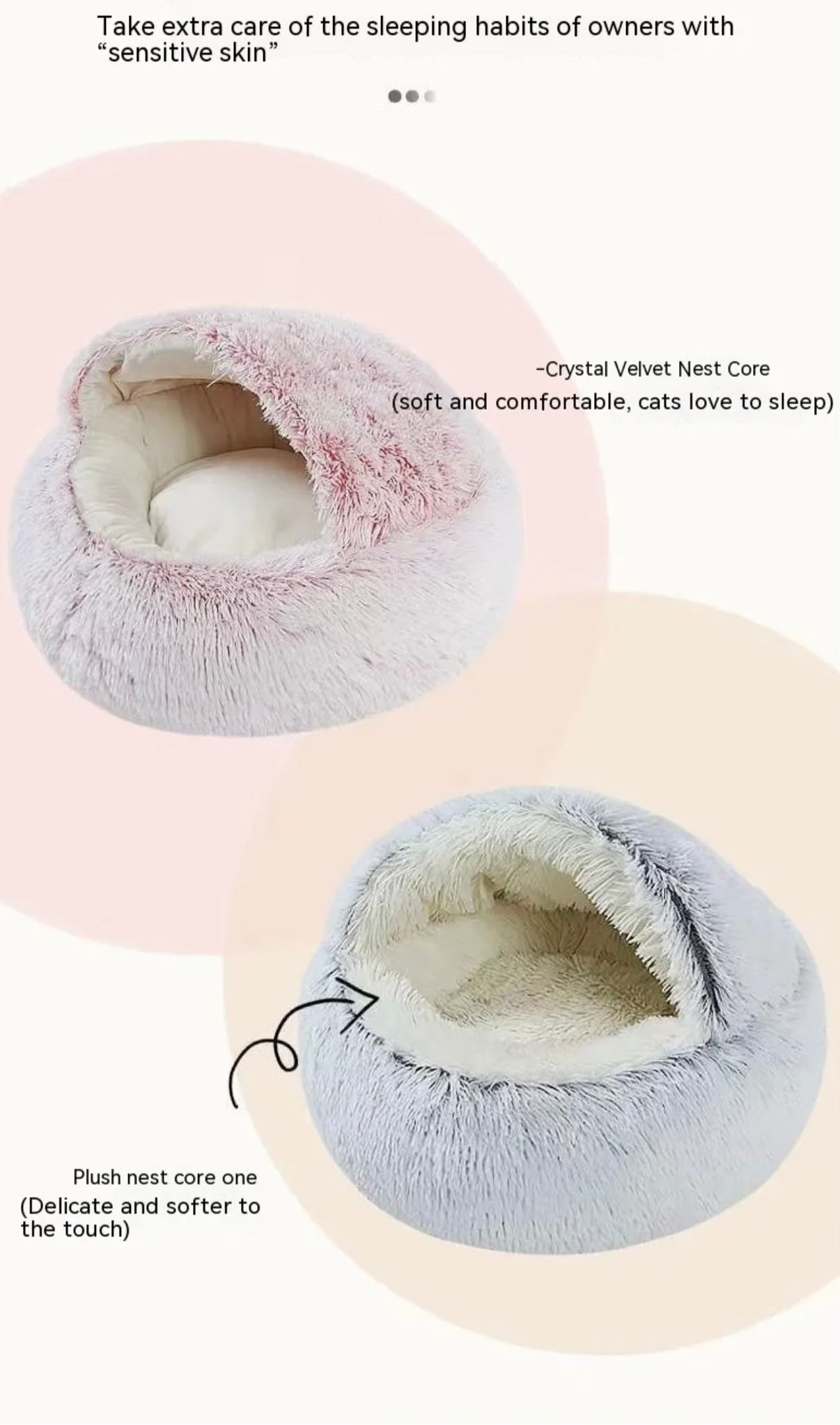 Two plush pet beds, one gray and one pink, with text describing their features.