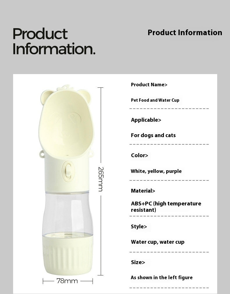 Product information card for a pet food and water bottle with dimensions and material details.