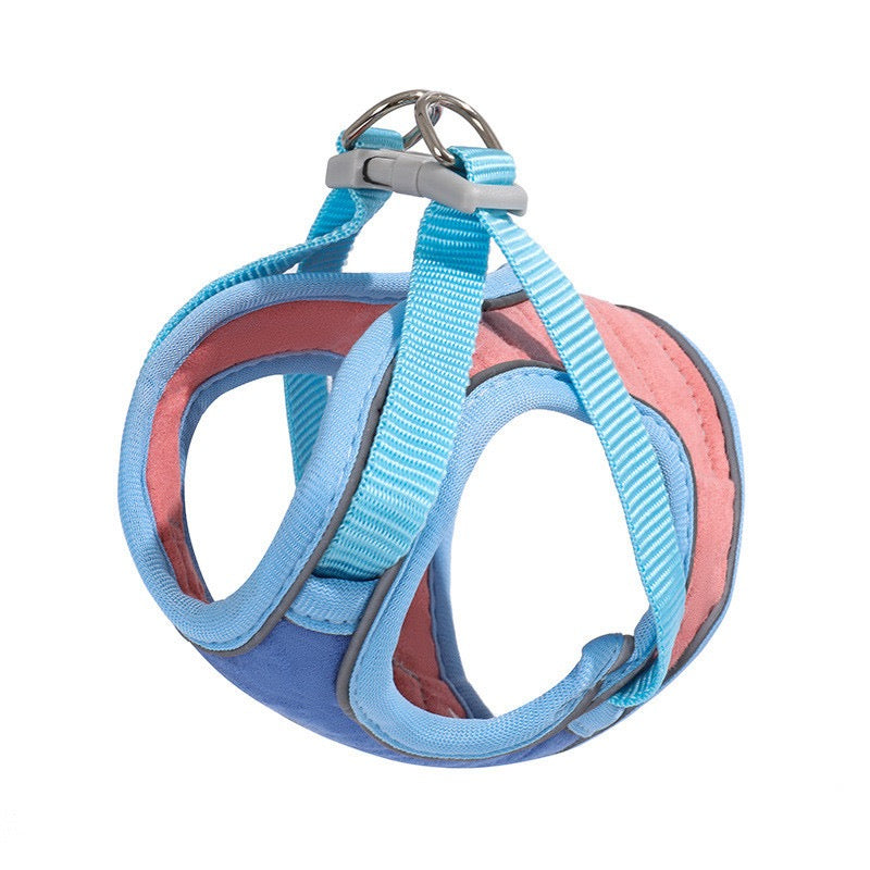 Blue and pink dog harness on a white background