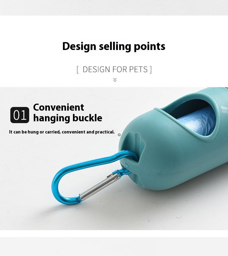 Pet waste bag dispenser with a blue hanging buckle on a white background