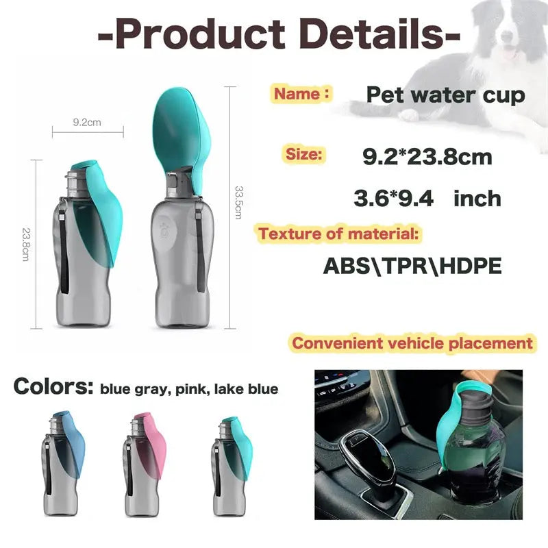 Pet water cup with dimensions, material details, and color options on a white background.