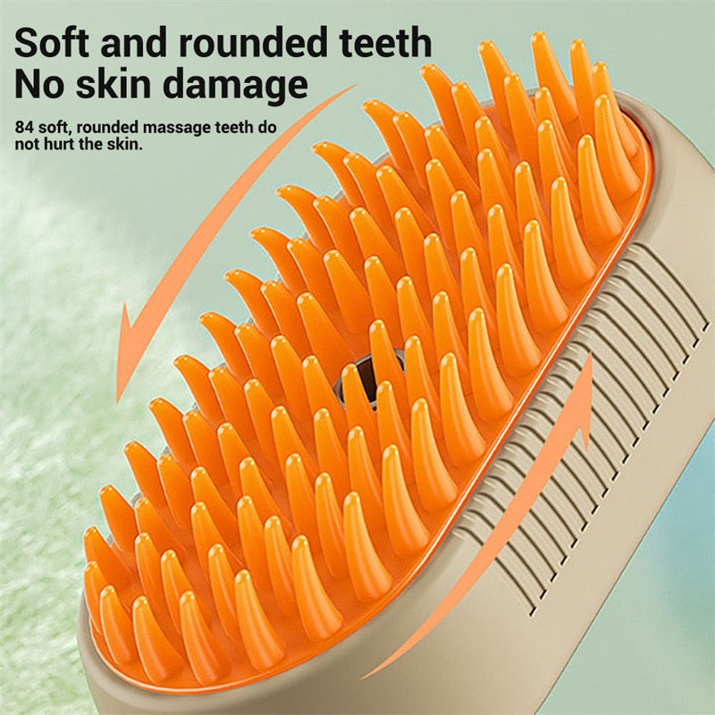 Grooming brush with orange teeth on a light green background