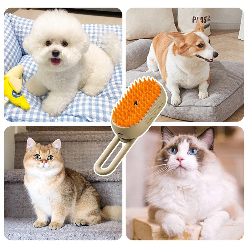 Collage of pets and a pet grooming brush with a checkered blanket and cushion in the background.