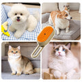 Collage of pets and a pet grooming brush with a checkered blanket and cushion in the background.