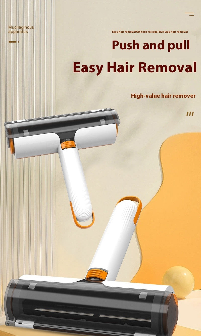 Hair removal tool with text 'Push and pull Easy Hair Removal' on a beige background