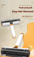 Hair removal tool with text 'Push and pull Easy Hair Removal' on a beige background