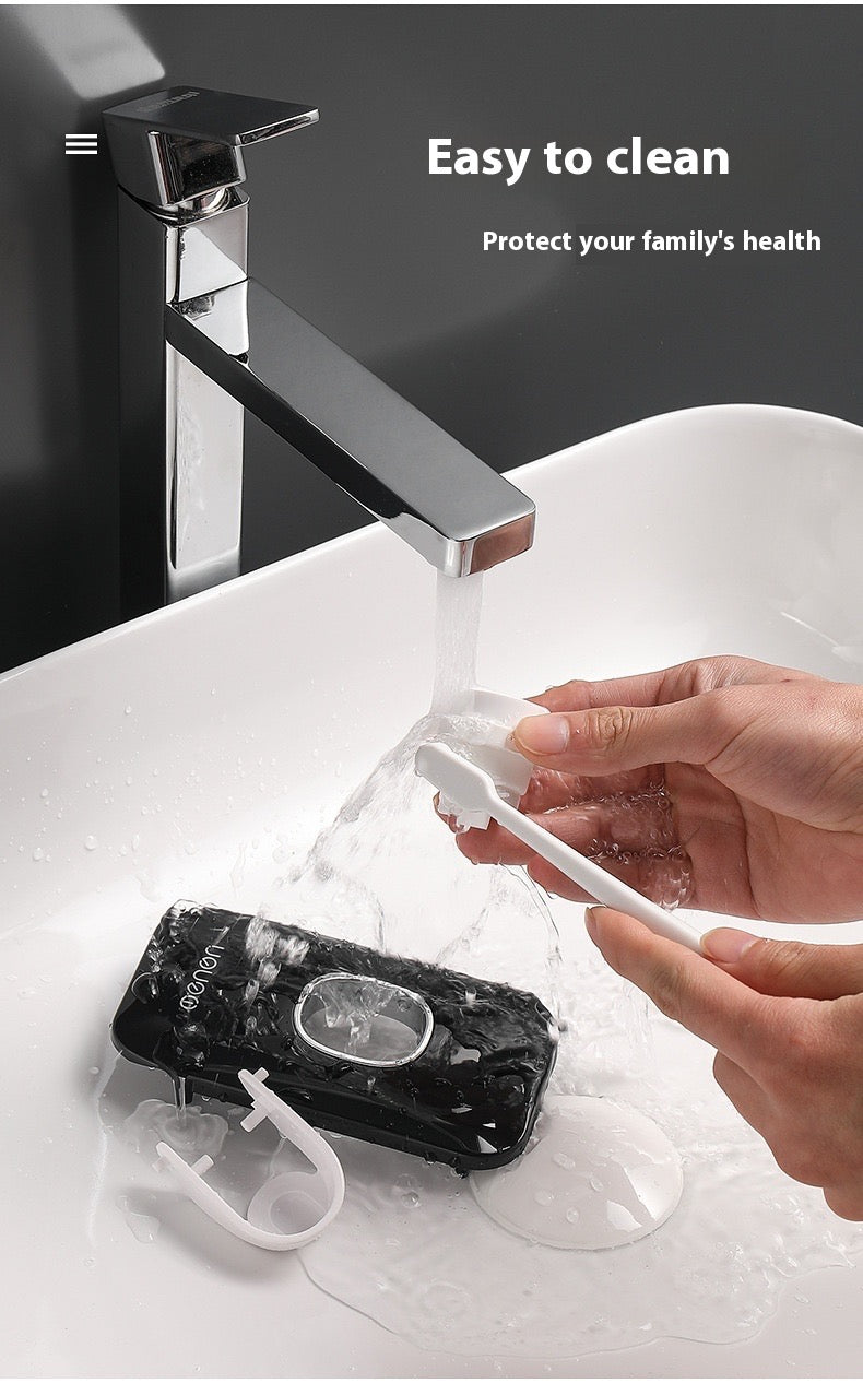 Hand washing a black device with a white brush under running water from a faucet, with text 'Easy to clean' and 'Protect your family's health'.
