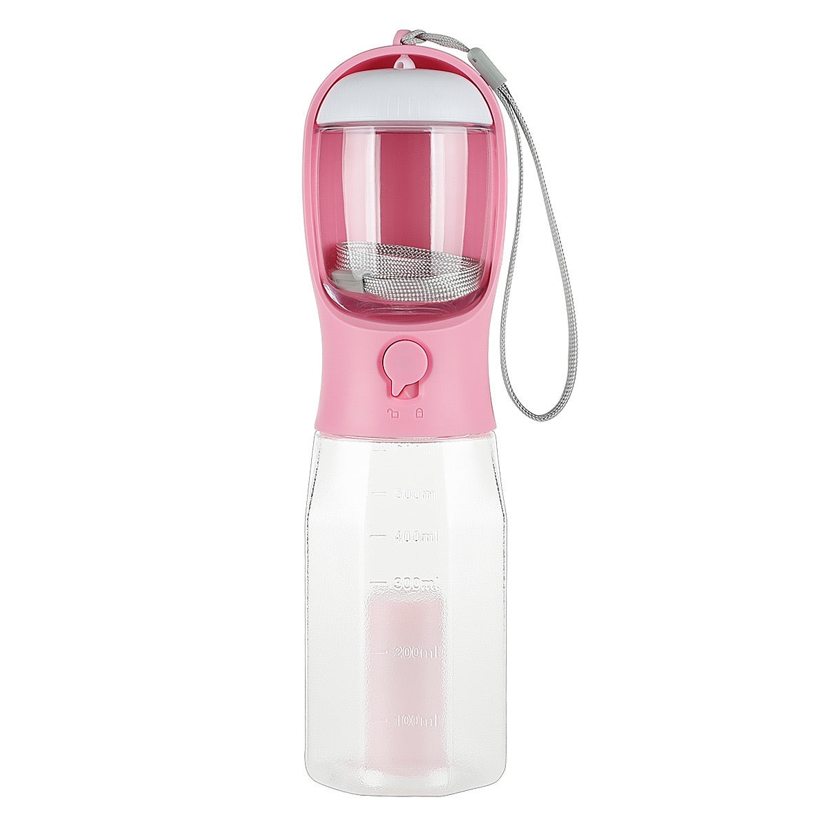 Pink pet water bottle with clear container on a white background