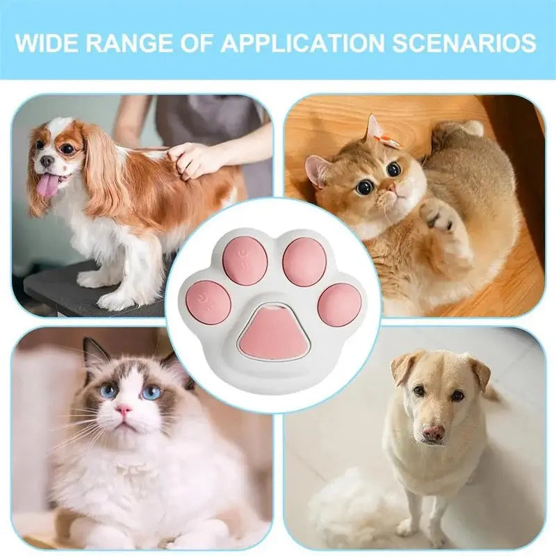 Product with paw design surrounded by images of pets and text about application scenarios.