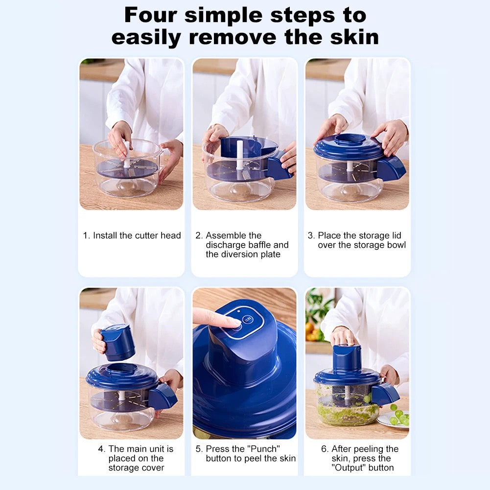 Step-by-step guide on using a kitchen peeling device with images of hands performing each step.