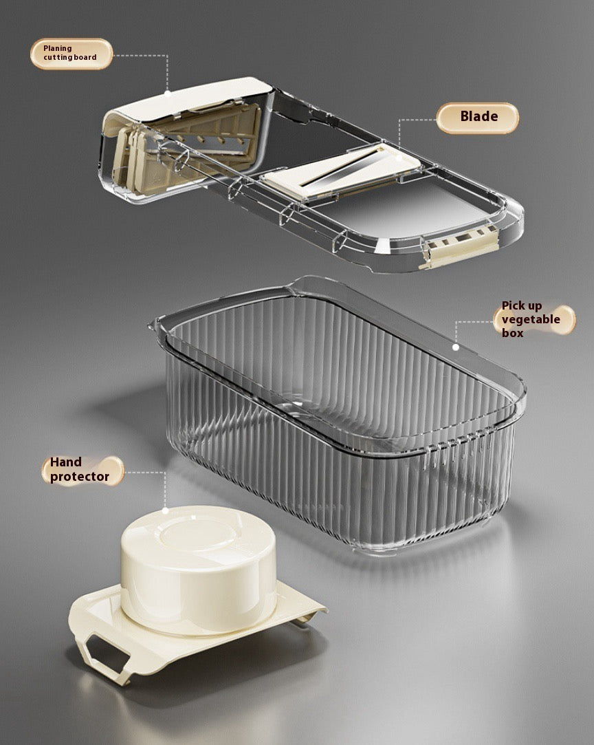 Sliced vegetable processor with labeled parts on a gray background