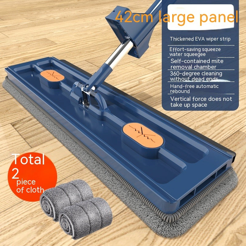 Blue cleaning tool with EVA wiper strip on a wooden floor, featuring text about its features.