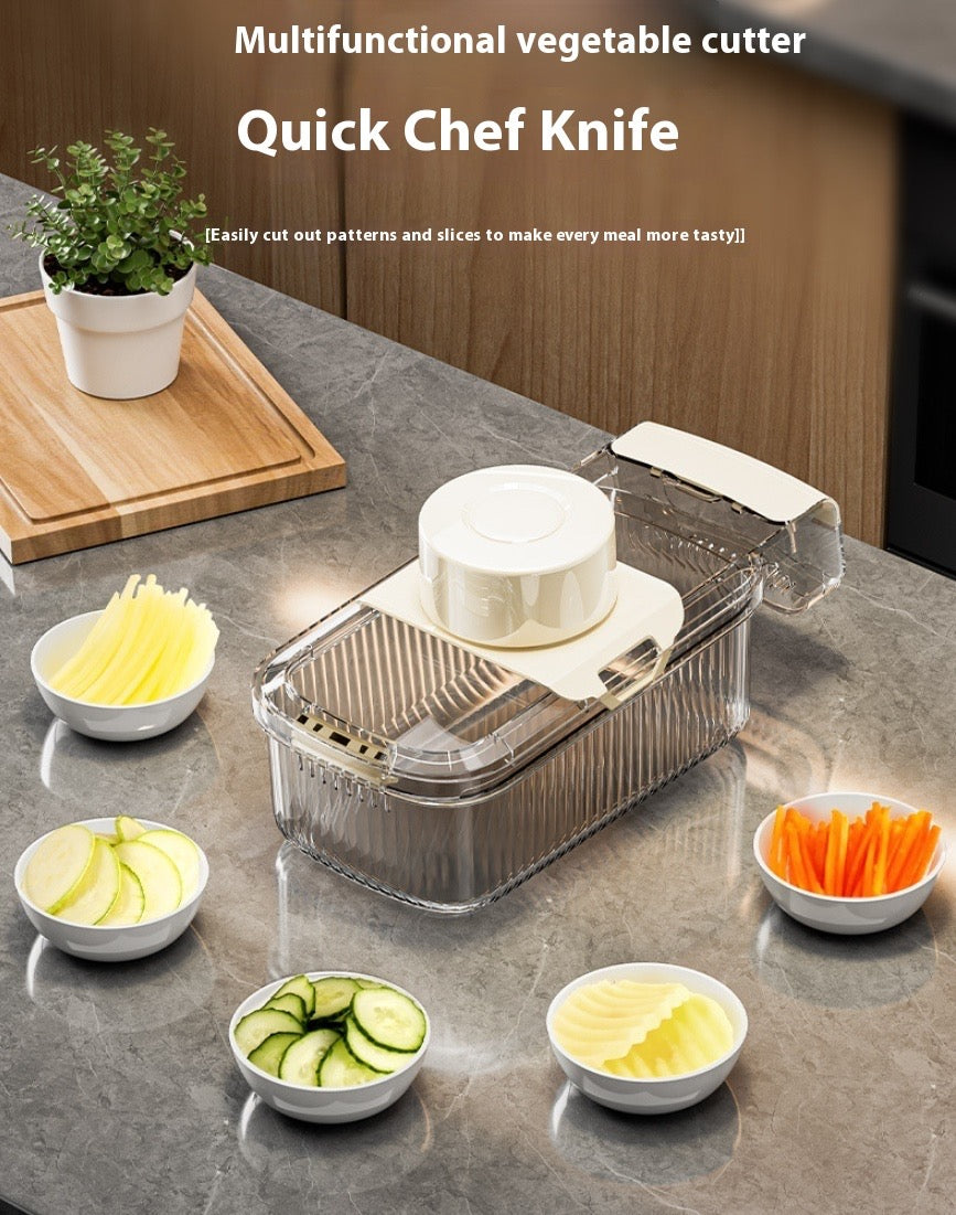 Multifunctional vegetable cutter on a kitchen counter with sliced vegetables in bowls.
