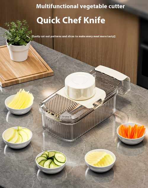 Multifunctional vegetable cutter on a kitchen counter with sliced vegetables in bowls.