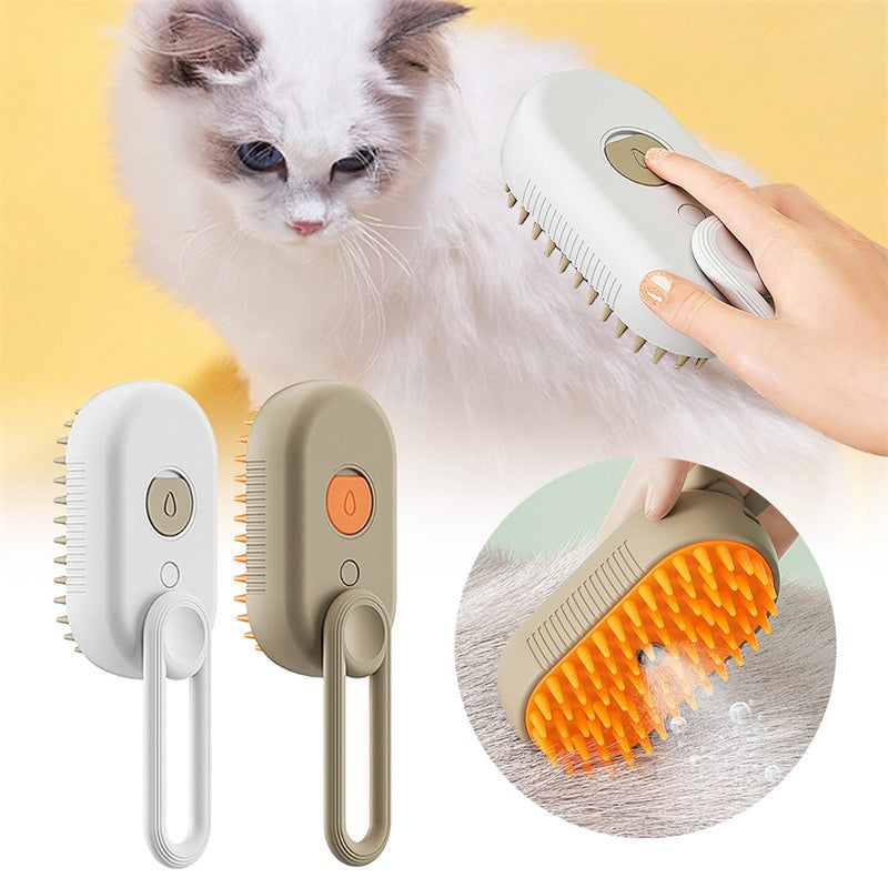 Pet grooming brush set with a cat being brushed, on a yellow background.