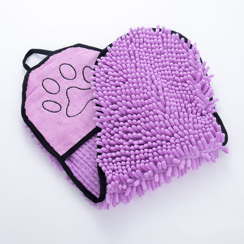 Purple microfiber pet towel with paw design on a white background