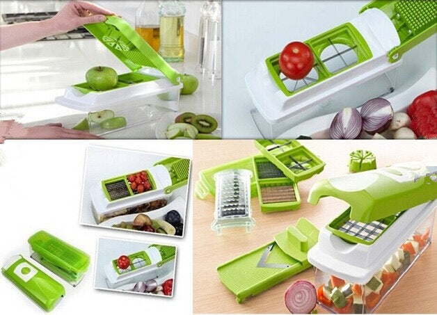 Multifunctional kitchen tool with various attachments for slicing vegetables and fruits.